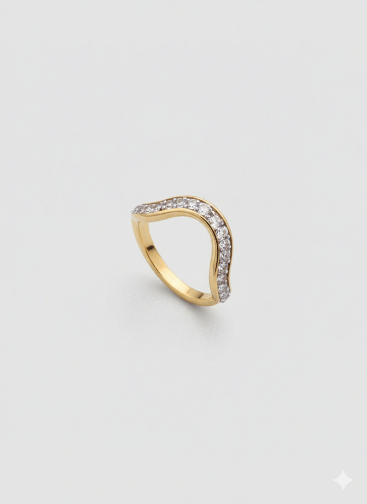 Artificial Gold-Tone Curved Ring with Crystals
